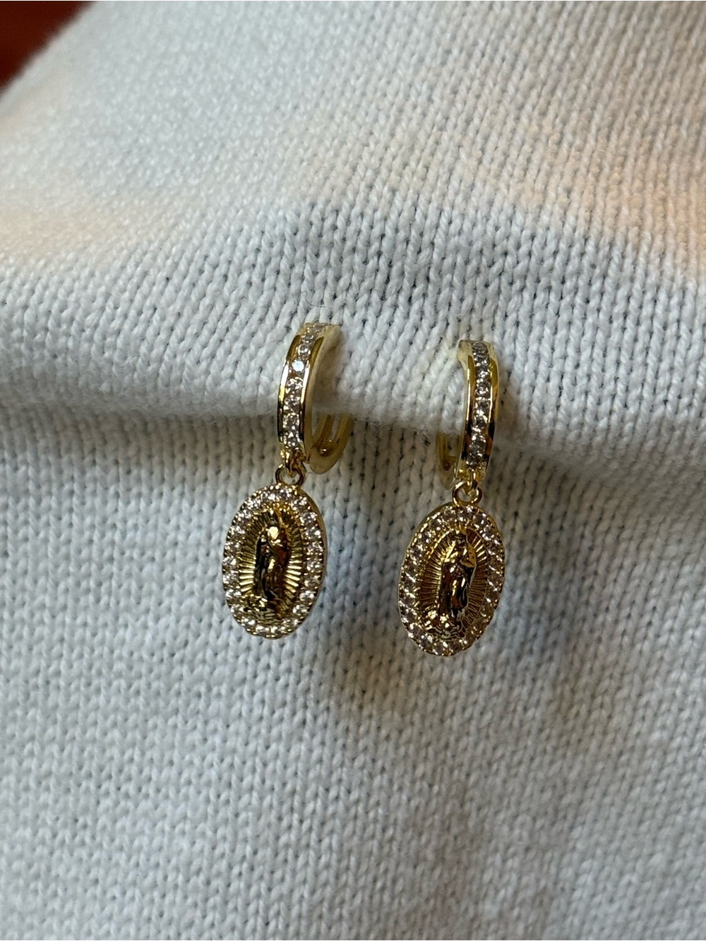 Gold-Tone Virgin Mary Dangle Huggie Earrings